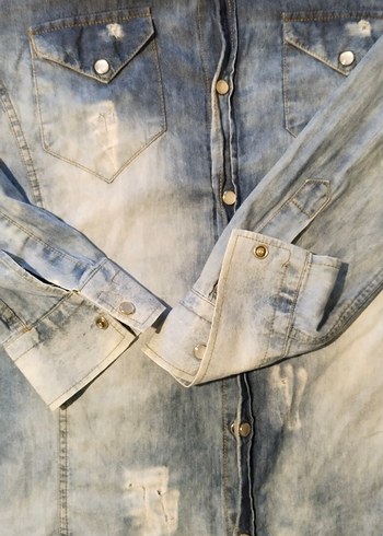 Düğmeli Kadın Mavi Denim gömlek - Görsel 3