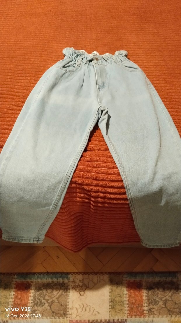 gri mavi,kemerli Rahat Kesim mom jean Kadın Kot Pantolon,s/m - Görsel 2