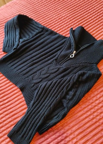 Yüksek Yakalı Siyah Örgü desenli fermuarlı crop  Kazak s/m - Görsel 2