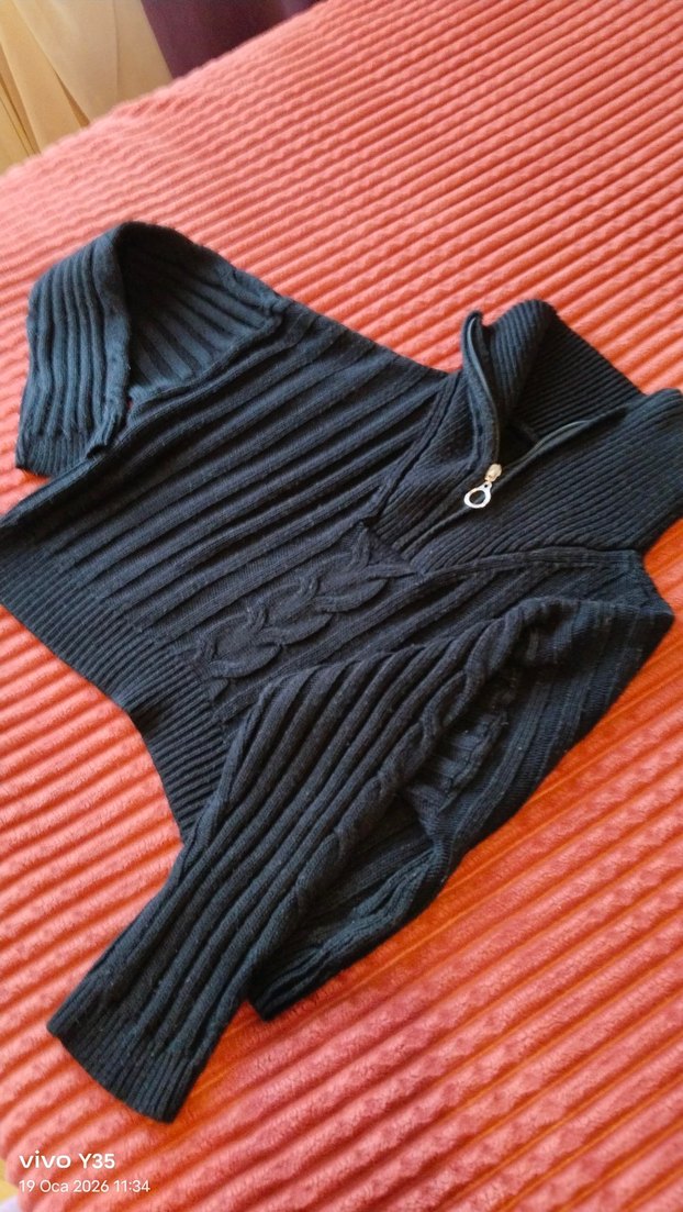 Yüksek Yakalı Siyah Örgü desenli fermuarlı crop  Kazak s/m - Görsel 2