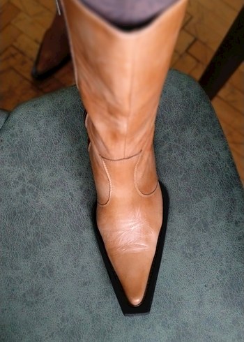 camel renk,hakiki deri vintage kovboy tarz,fermuarlı bot - Görsel 3