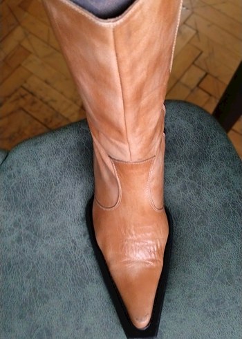 camel renk,hakiki deri vintage kovboy tarz,fermuarlı bot - Görsel 6