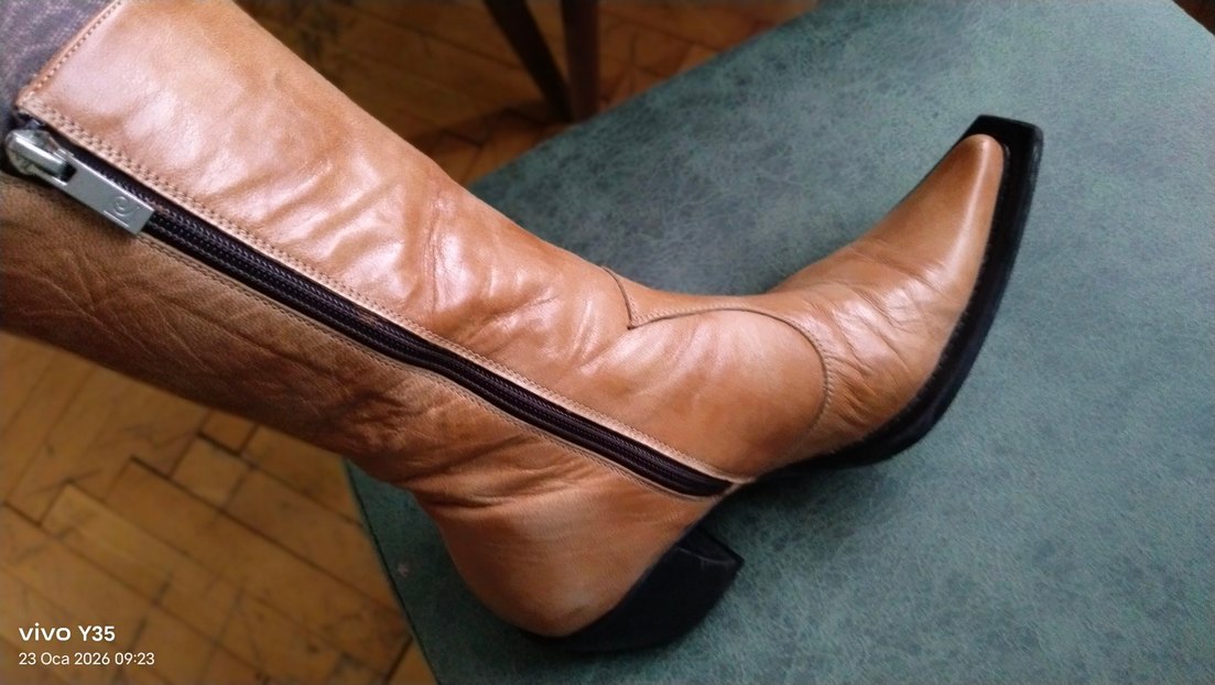 camel renk,hakiki deri vintage kovboy tarz,fermuarlı bot - Görsel 2