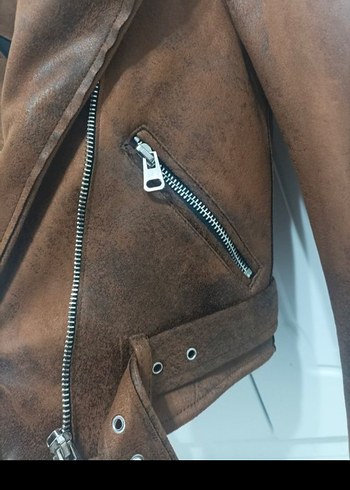 Bershka,yeni,kahverengi Süet Kemerli Biker Ceket - Görsel 3