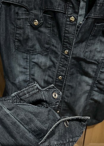 Düğmeli Lacivert Denim Kadın Gömlek Ceket - Görsel 7