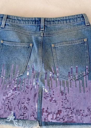 Denim&Co Mor Payetli Bağlama Desenli Denim Mini Etek