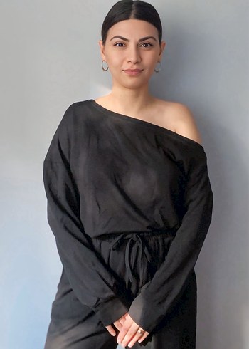 Drapeli Siyah Tek Omuz Kadın Tulum - Görsel 2