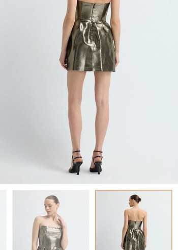 Altın Rengi Straplez Mini Deri Elbise - Görsel 2