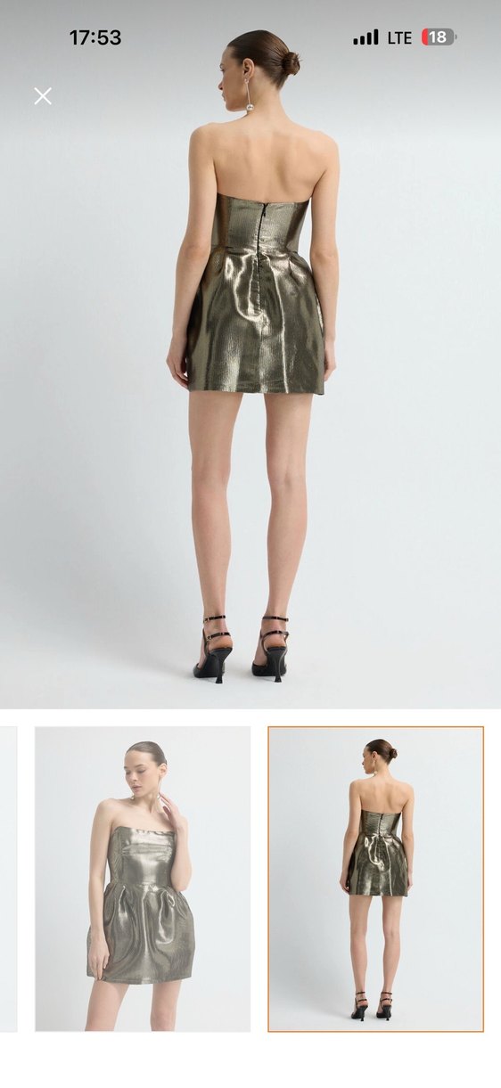 Altın Rengi Straplez Mini Deri Elbise - Görsel 2