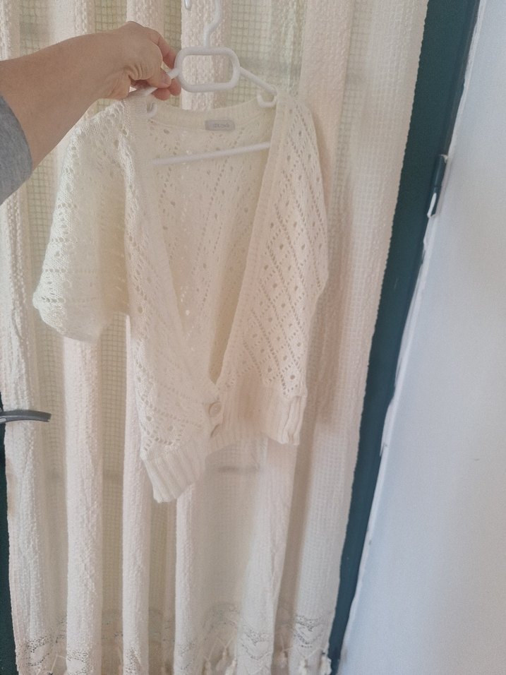 adil isik Beyaz V Yaka Örgü Bohem Hırka Yünlü - Görsel 5