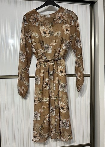 Bej Çiçekli Uzun Kollu Bohem Elbise - Görsel 5