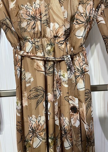 Bej Çiçekli Uzun Kollu Bohem Elbise - Görsel 3