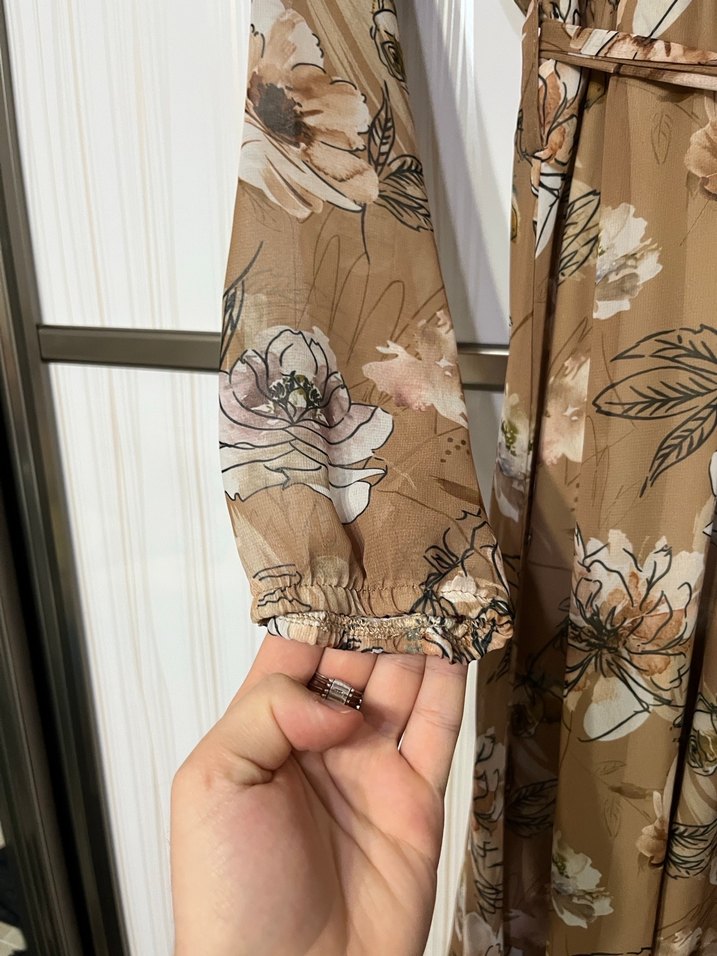 Bej Çiçekli Uzun Kollu Bohem Elbise - Görsel 4