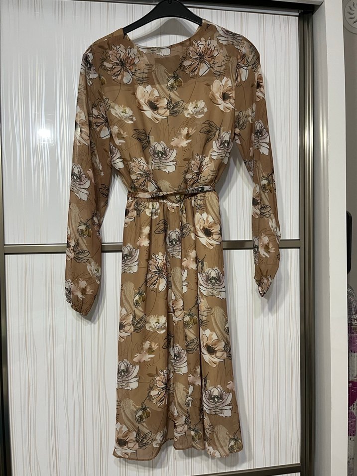 Bej Çiçekli Uzun Kollu Bohem Elbise - Görsel 5