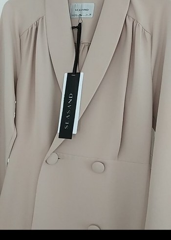 Bej Düğmeli Kadın kısa ofis stil elbise - Görsel 2