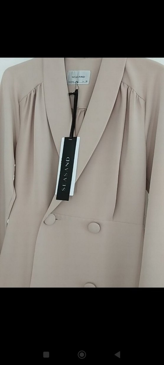 Bej Düğmeli Kadın kısa ofis stil elbise - Görsel 2