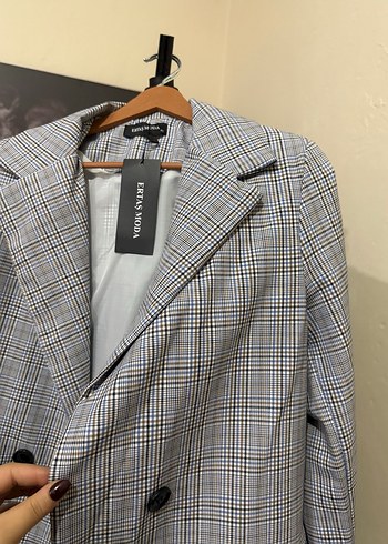 40 Beden Düğmeli Gri Ekose Kadın Blazer Ceket