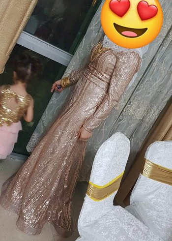 l Beden Altın Renkli Uzun Drapeli Abiye Elbise 38 40 beden uyumlu
