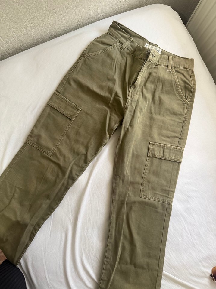 Kadın Haki Pamuklu Düğmeli Salaş Pantolon - Görsel 2