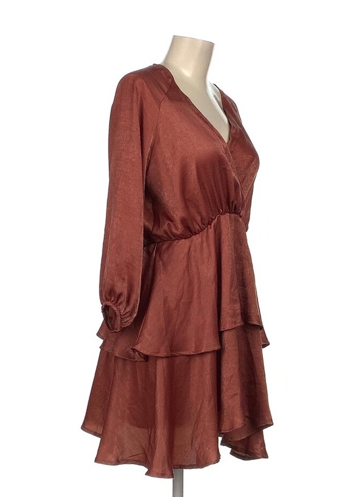 Saten Fırfırlı Kruvaze Elbise - Görsel 2