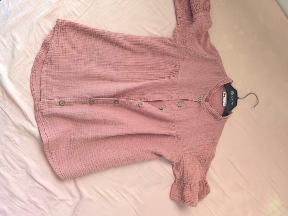 Düğmeli Pembe Keten Kadın Gömlek - Görsel 2