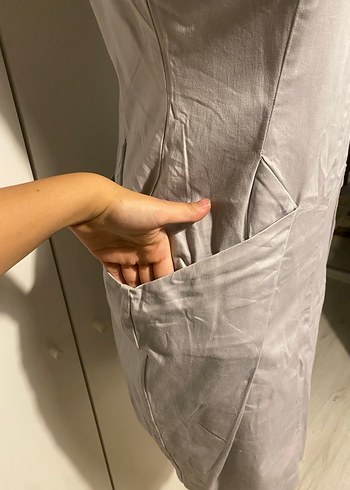 Gri Midi Kolsuz Kalem Elbise - Görsel 3