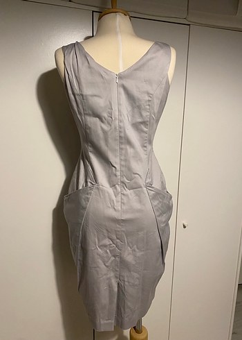 Gri Midi Kolsuz Kalem Elbise - Görsel 5