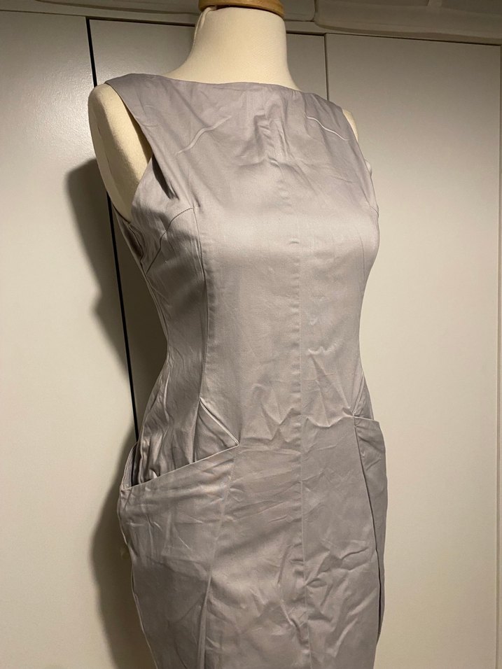 Gri Midi Kolsuz Kalem Elbise - Görsel 2