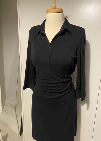 V Yaka Siyah Midi Ofis Elbisesi - Görsel 2