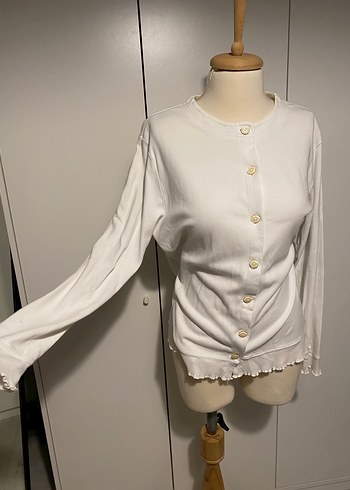 Düğmeli Beyaz Midi Kadın Hırka - Görsel 3