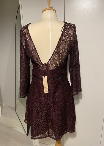 Bordo Dantel Midi Elbise - Görsel 7