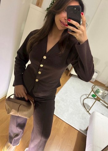 Kahverengi Süet Düğmeli Kadın Takım - Görsel 2