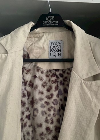 Leopar Desenli Bej Keten Blazer - Görsel 2