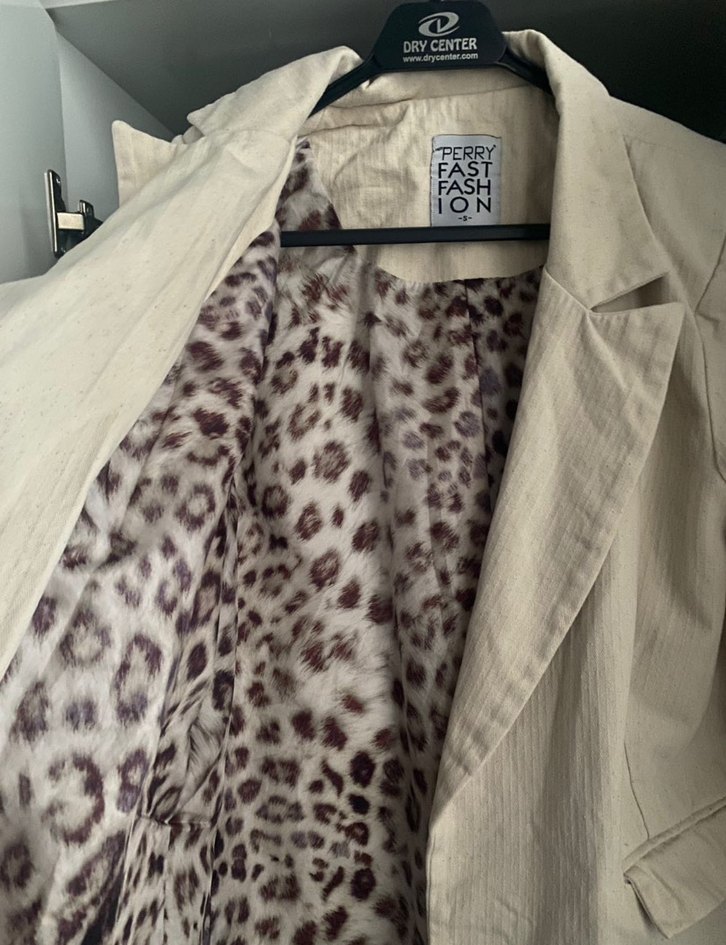 Leopar Desenli Bej Keten Blazer - Görsel 3