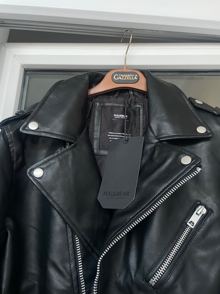 Erkek siyah deri ceket Pull and bear - Görsel 3