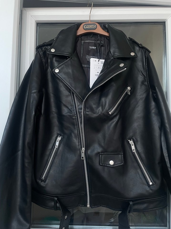 Erkek siyah deri ceket Pull and bear - Görsel 2