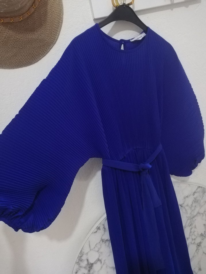 Mavi Pilili Uzun Bohem Elbise - Görsel 3