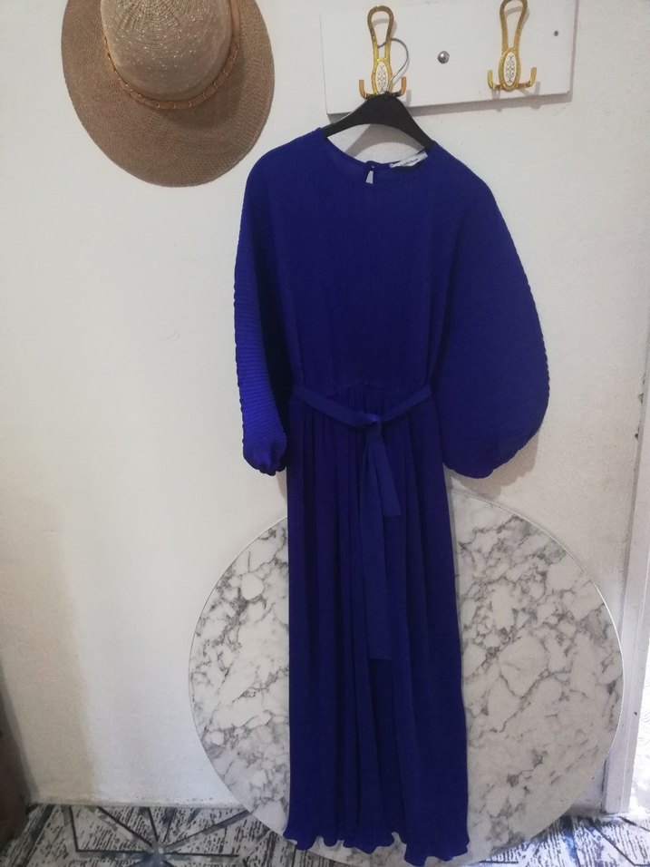 Mavi Pilili Uzun Bohem Elbise - Görsel 4