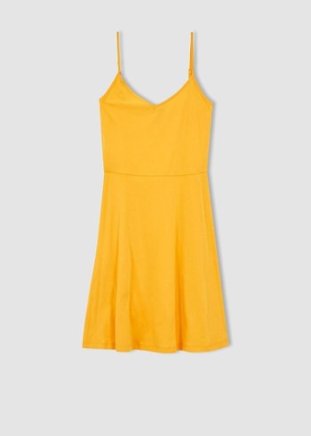 Sarı V Yaka Midi Salaş Elbise - Görsel 4