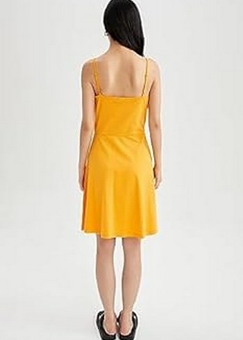 Sarı V Yaka Midi Salaş Elbise - Görsel 2