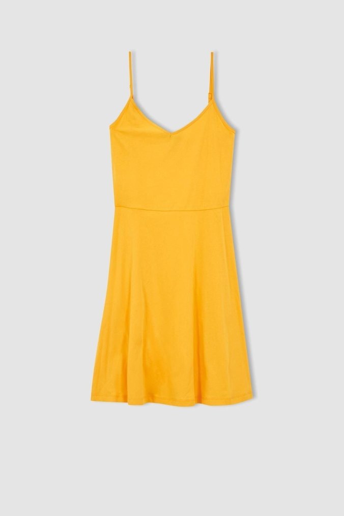 Sarı V Yaka Midi Salaş Elbise - Görsel 4