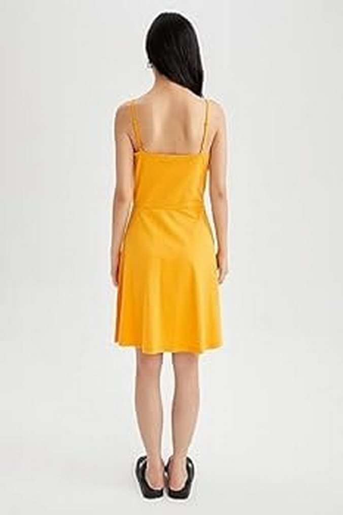 Sarı V Yaka Midi Salaş Elbise - Görsel 2