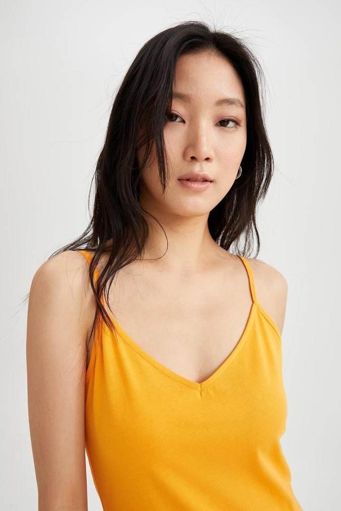 Sarı V Yaka Midi Salaş Elbise - Görsel 3