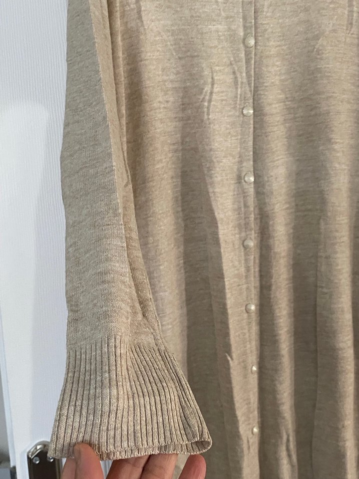 Bej Uzun  makina dokuma ince Hırka Düğmeli - Görsel 2