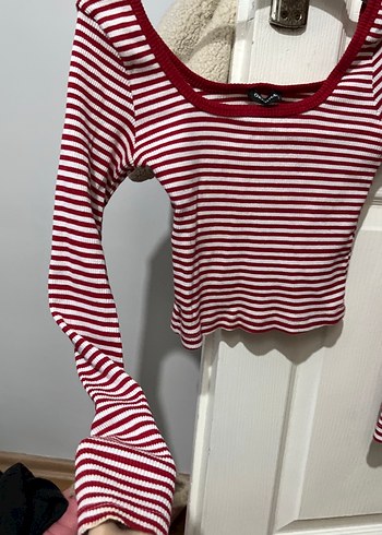 Bordo Çizgili Uzun Kollu Crop Top - Görsel 4