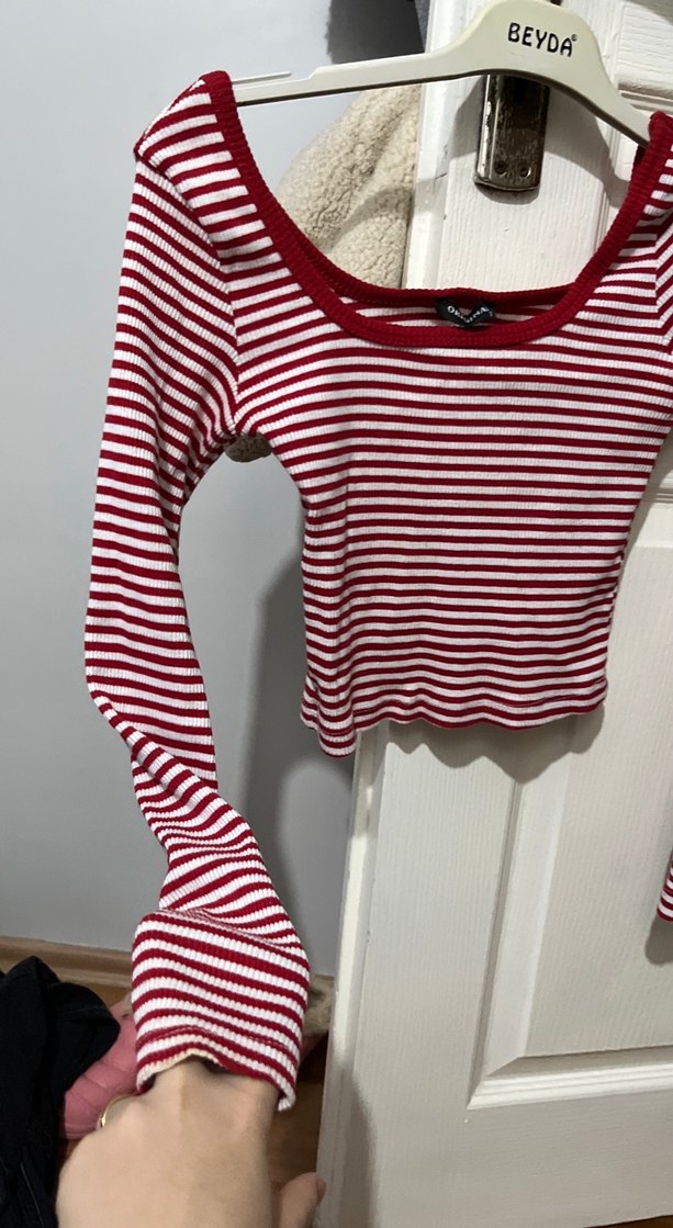 Bordo Çizgili Uzun Kollu Crop Top - Görsel 4