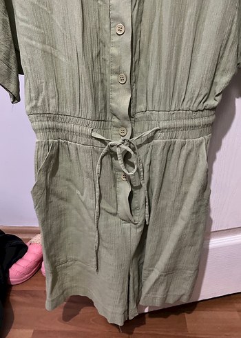 Kadın Haki Keten Kısa Kollu Tulum - Görsel 4