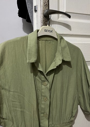 Kadın Haki Keten Kısa Kollu Tulum - Görsel 3