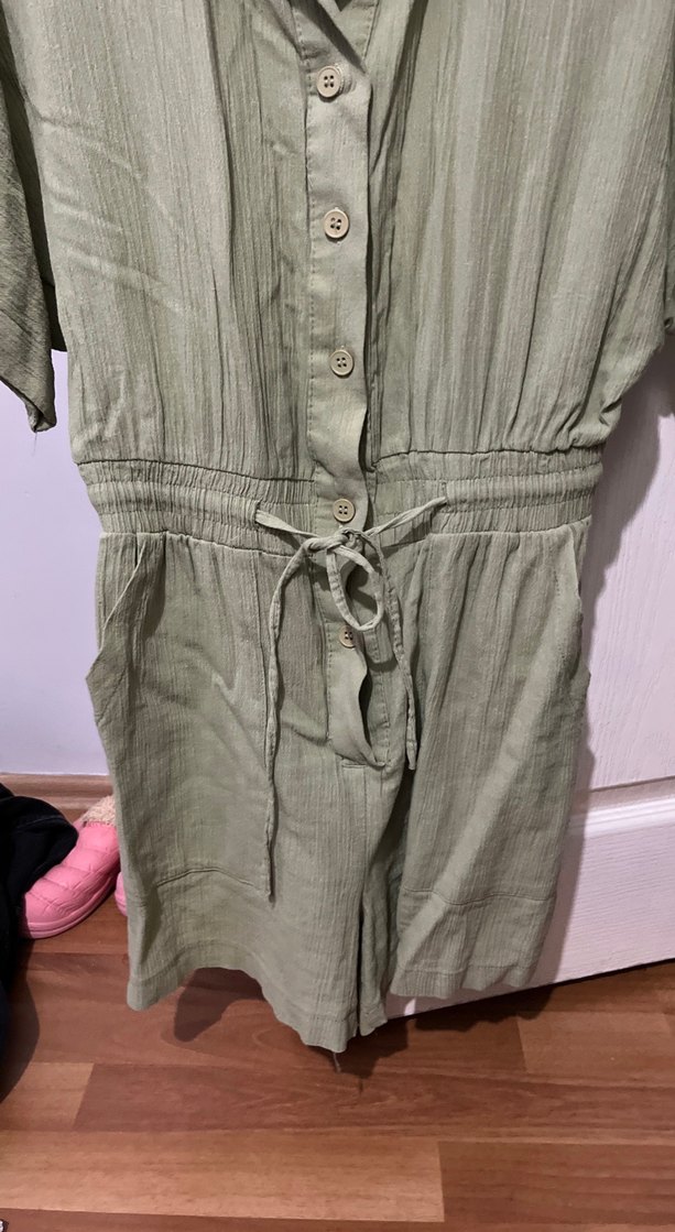 Kadın Haki Keten Kısa Kollu Tulum - Görsel 4