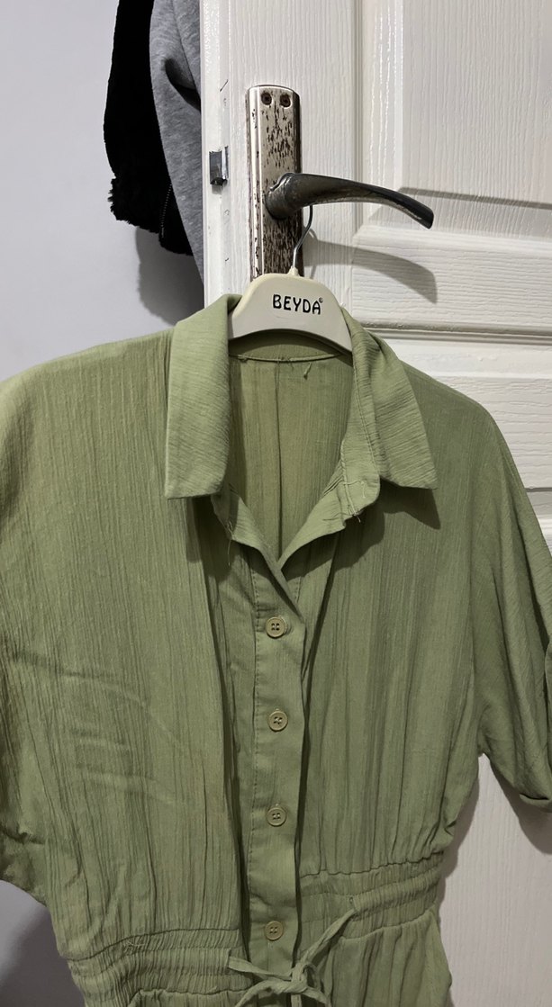 Kadın Haki Keten Kısa Kollu Tulum - Görsel 3